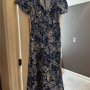 Anthropologie Blue and White Ruffled Wrap Maxi Dress